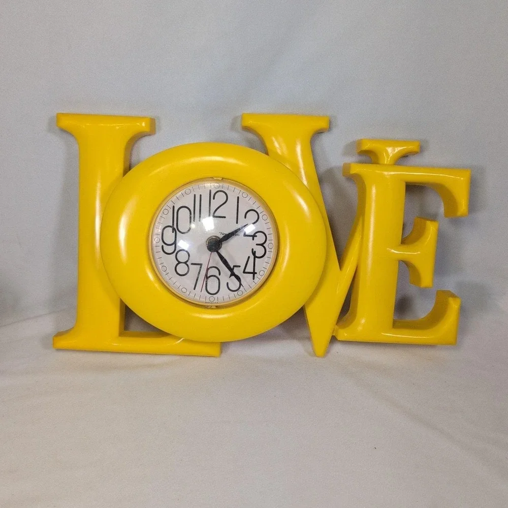 Vintage Love Yellow Plastic Wall Clock 8x16in Hippie Retro Made In USA
